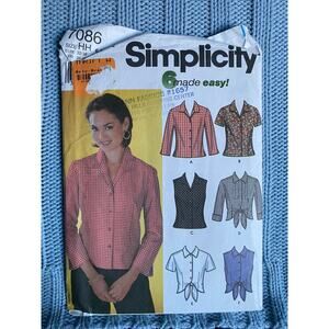 Simplicity 7086 Sewing pattern button down shirt blouse size 6 8 10 12